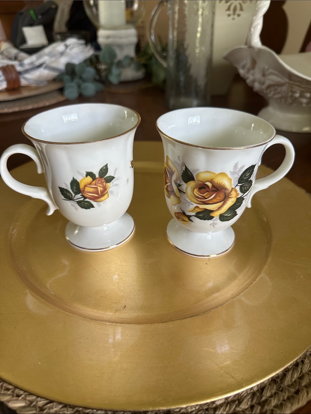 Porcelain Tea Mugs with Yellow Rose Motif - Set of 6